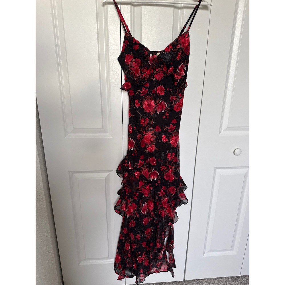 Jessica Simpson Red Rose Floral Burnout Ruffle Maxi Dress Black Small NWT